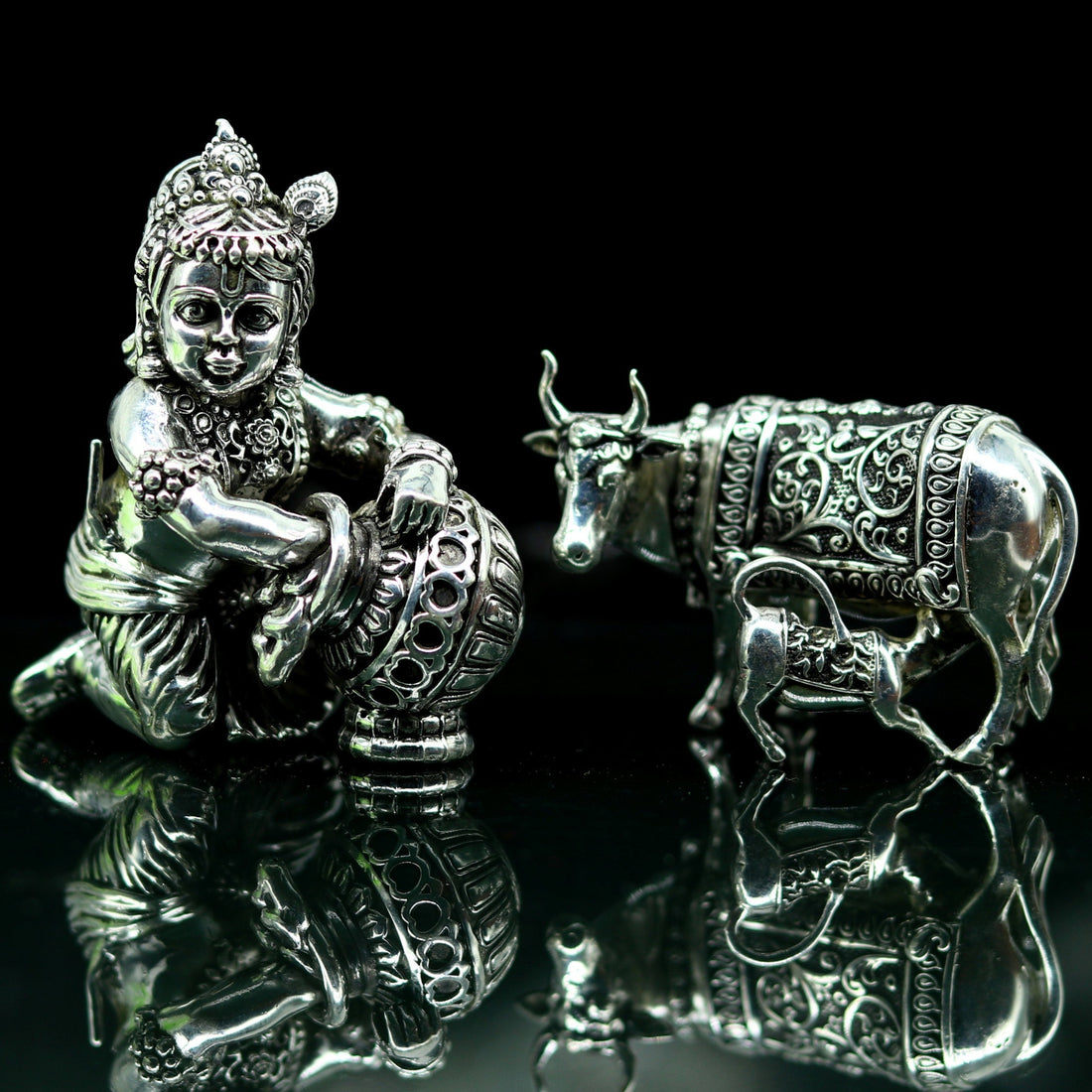 925 Sterling silver handmade Idol Krishna Bal Gopal statue figurine, Makkhan Gopal sculpture with Kamdhenu cow, silver puja article su229 - TRIBAL ORNAMENTS