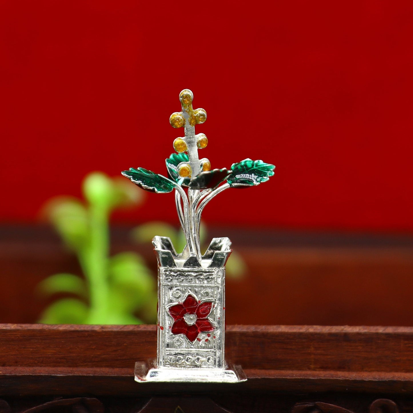 925 sterling silver handmade small tulsi plant basil rosary plant, puja temple article, elegant customized silver utensils article su231 - TRIBAL ORNAMENTS