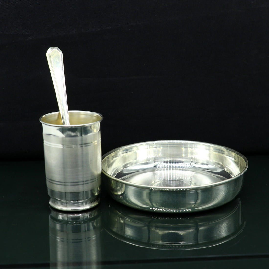 999 fine silver handmade small water/milk Glass tumbler, tray /plate baby kids silver cup & spoon utensils, stay healthy from bacteria sv156 - TRIBAL ORNAMENTS