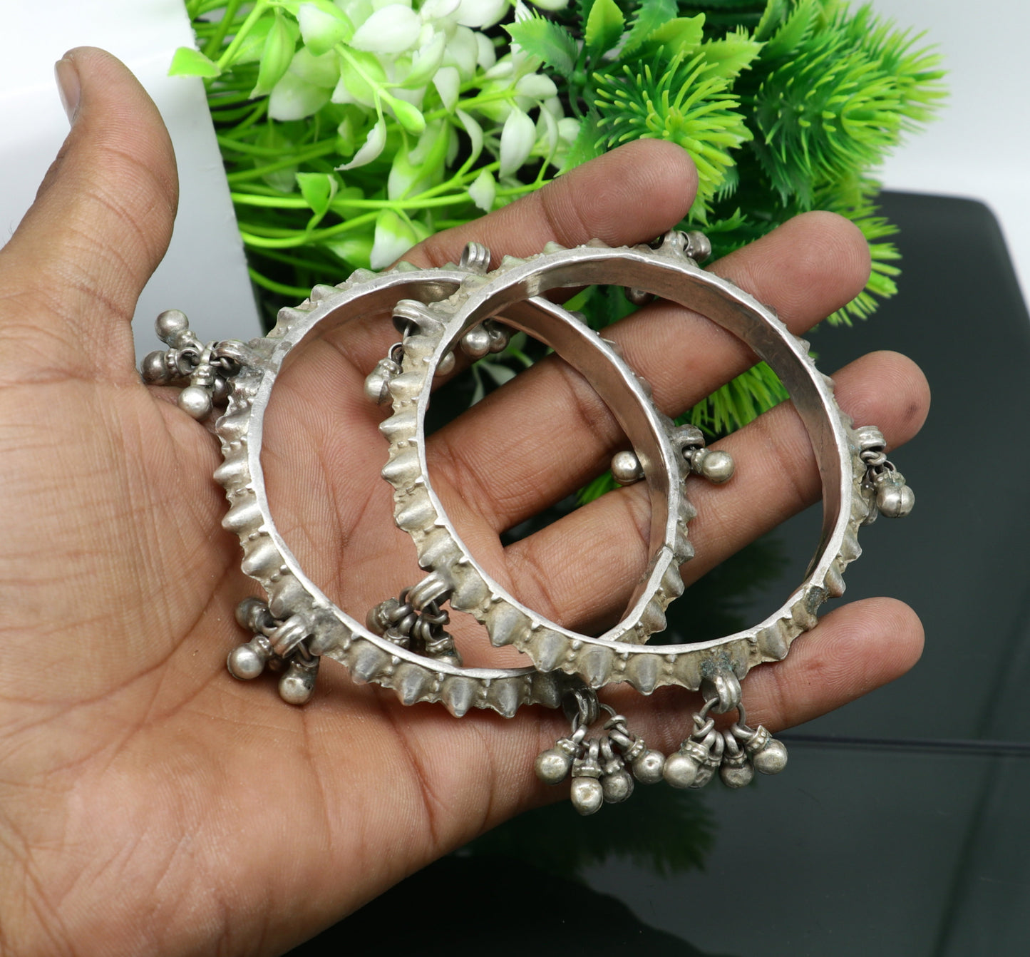 Solid silver handmade vintage antique traditional banjara bangle bracelet with jingling bells, indian ethnic tribal bangles for girl's sba21 - TRIBAL ORNAMENTS