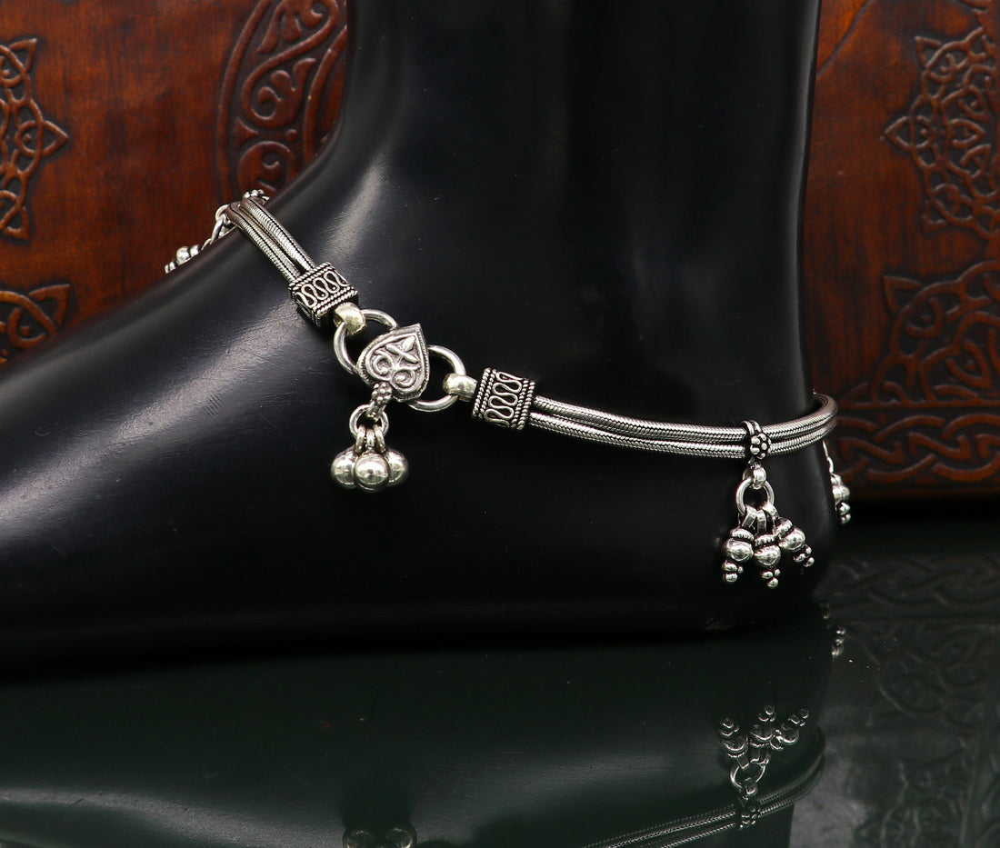 10.5" 925 Sterling silver Vintage style customized snake chain anklets, ankle bracelet, foot bracelet with hanging bells jewelry ank333 - TRIBAL ORNAMENTS