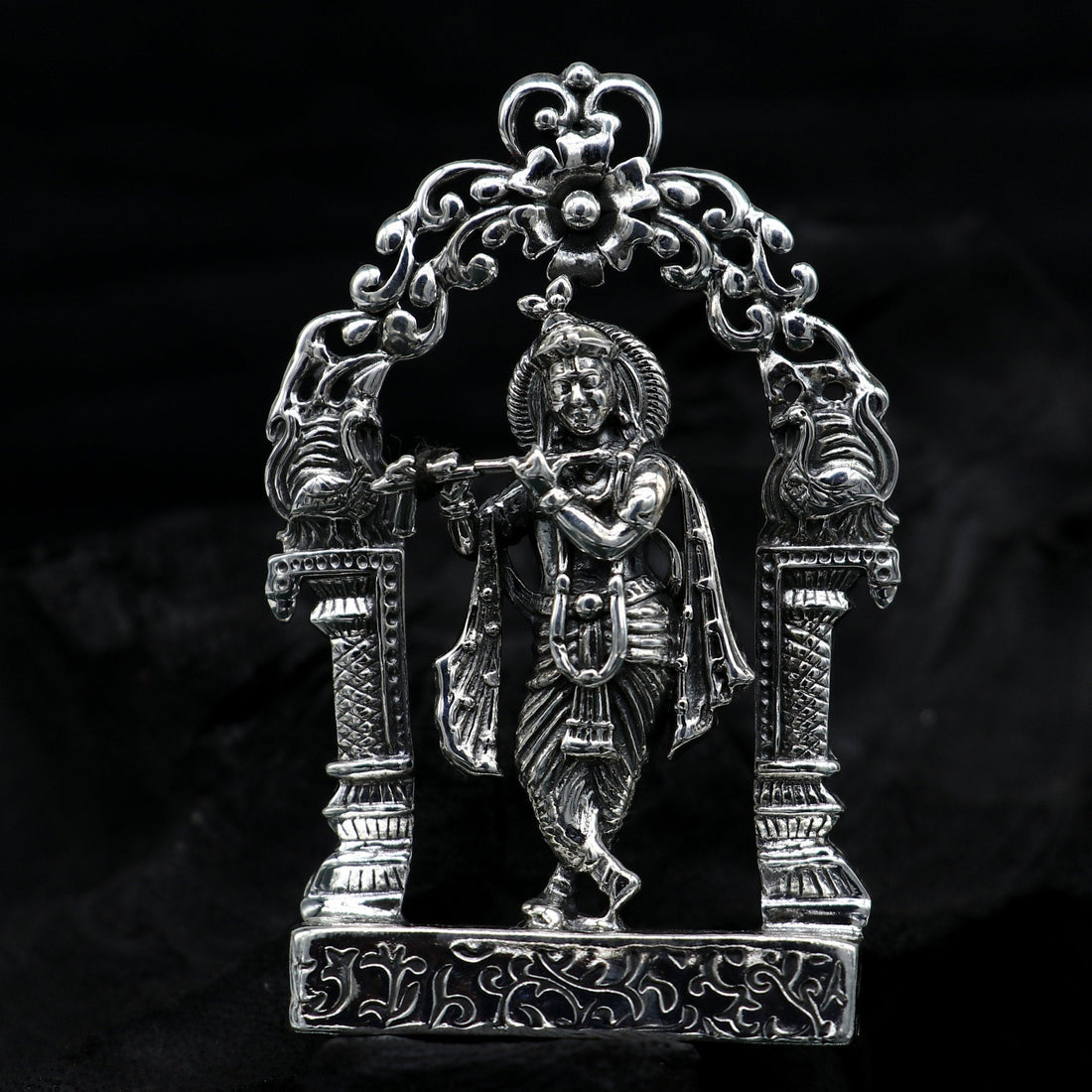 925 sterling silver lord krishna gorgeous customized figurine, amazing floral design idol krishna statue puja article from india art08 - TRIBAL ORNAMENTS