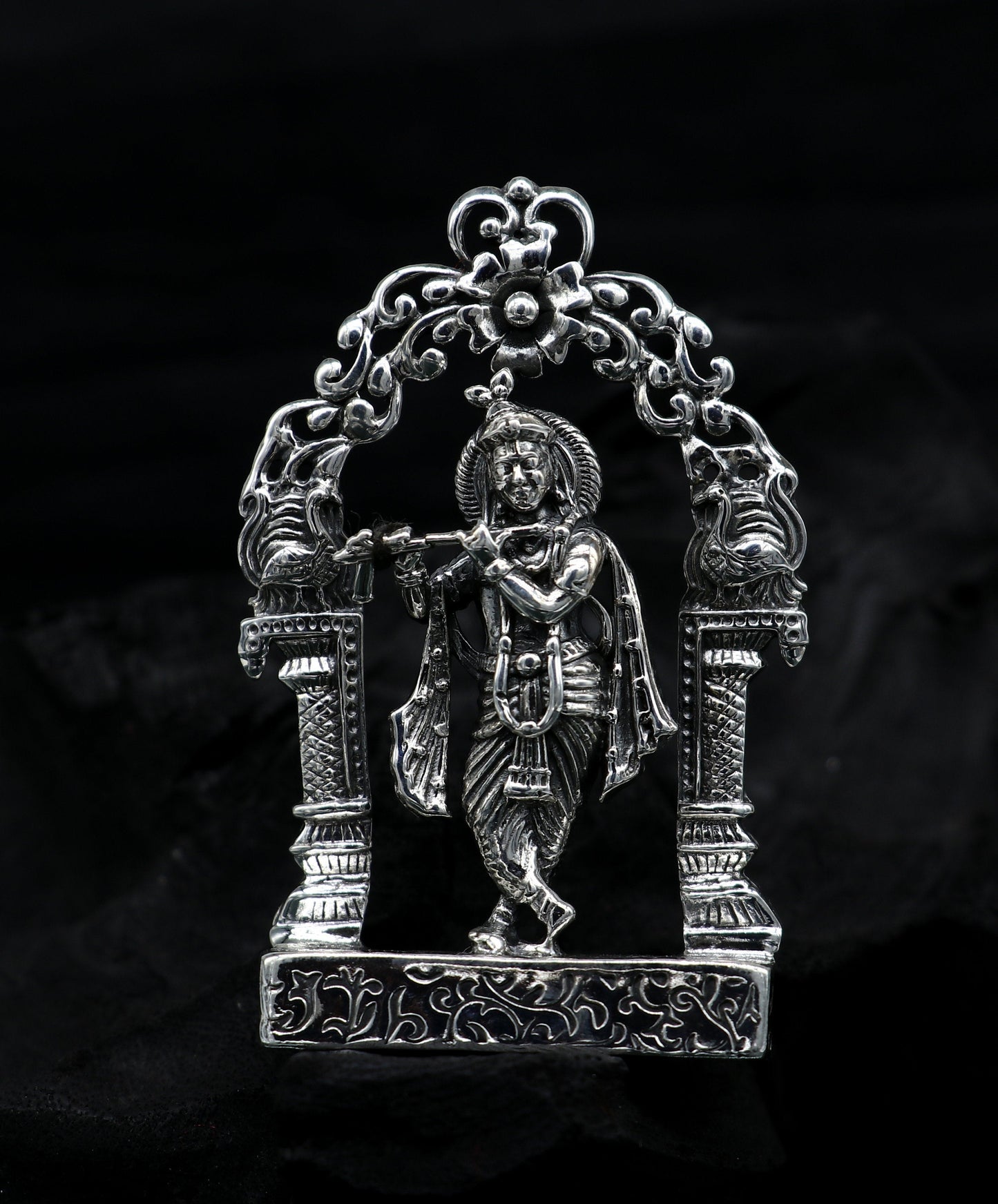 925 sterling silver lord krishna gorgeous customized figurine, amazing floral design idol krishna statue puja article from india art08 - TRIBAL ORNAMENTS