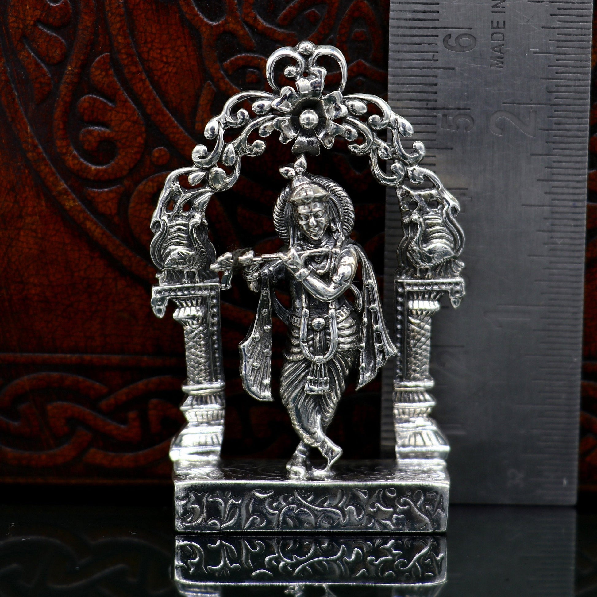 925 sterling silver lord krishna gorgeous customized figurine, amazing floral design idol krishna statue puja article from india art08 - TRIBAL ORNAMENTS