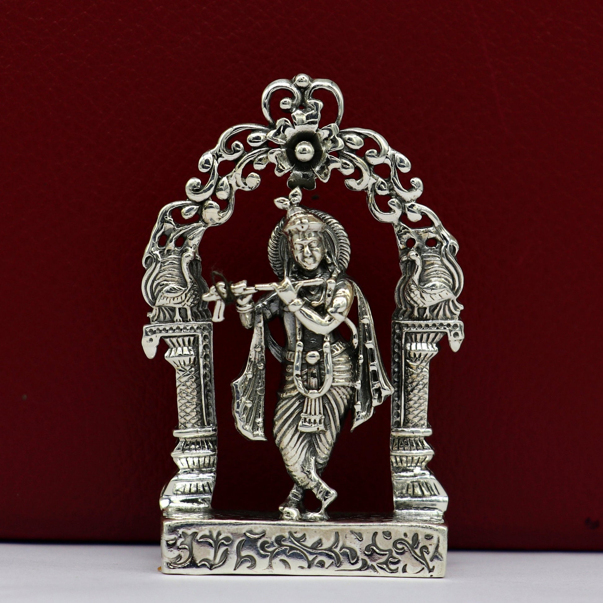 925 sterling silver lord krishna gorgeous customized figurine, amazing floral design idol krishna statue puja article from india art08 - TRIBAL ORNAMENTS