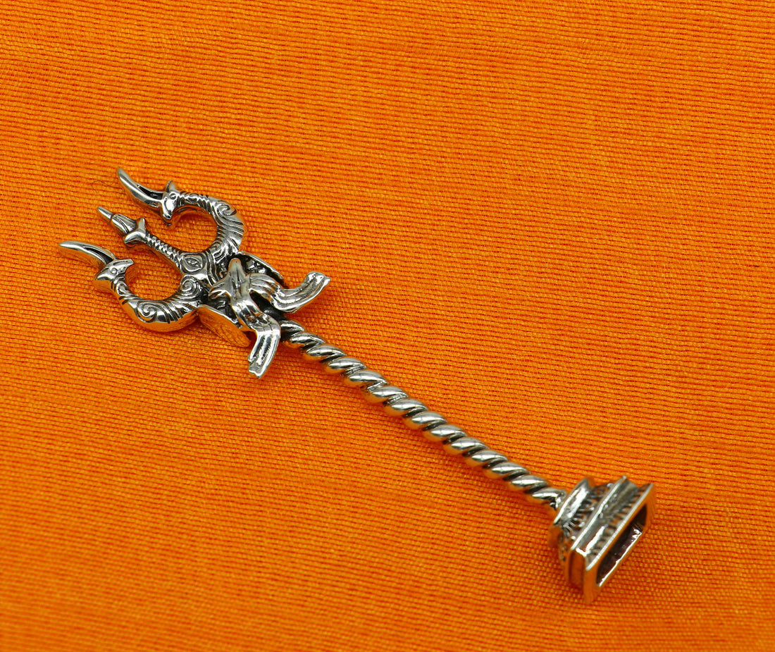 925 Sterling silver handmade lord Shiva trident with Damaru, fabulous craftsmanship Mahadev trishul, best collectible puja article art21 - TRIBAL ORNAMENTS