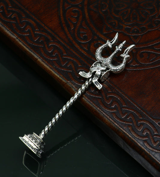 925 Sterling silver handmade lord Shiva trident with Damaru, fabulous craftsmanship Mahadev trishul, best collectible puja article art23 - TRIBAL ORNAMENTS