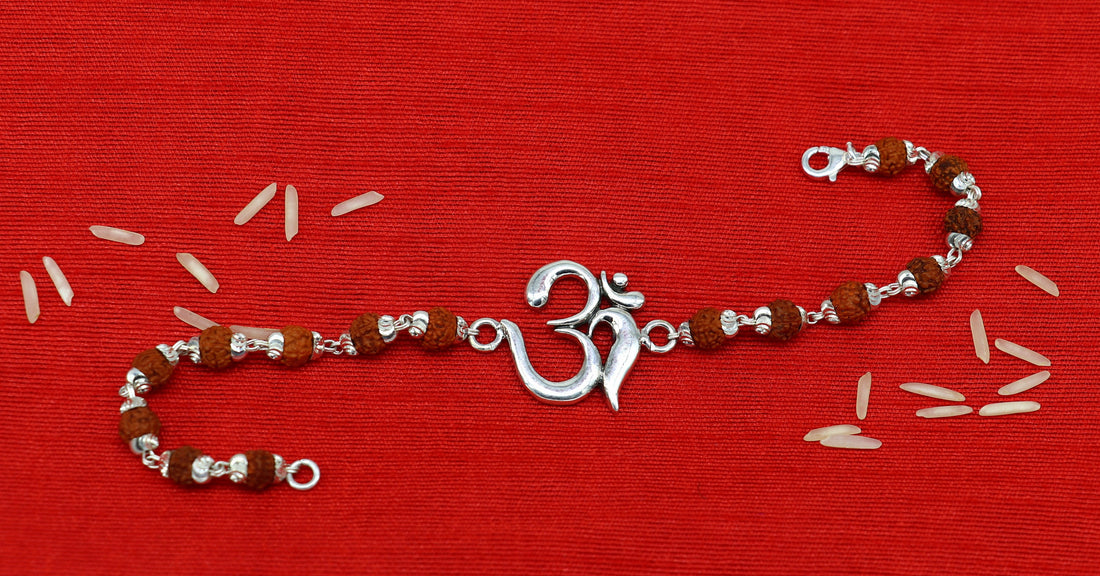 8" 925 Sterling silver customized rudraksha beaded 'AUM' Rakhi or bracelet. best gift for your brother's  for special Rakshabandhan rk02 - TRIBAL ORNAMENTS