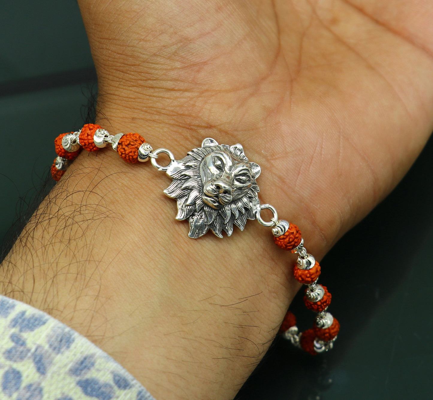 7.0" 925 Sterling silver customized rudraksha beaded lion Rakhi or bracelet. best gift for your brother's  for special Rakshabandhan rk05 - TRIBAL ORNAMENTS