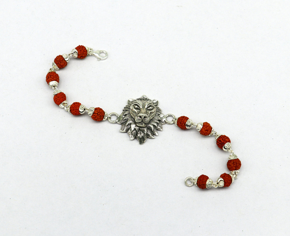 7.0" 925 Sterling silver customized rudraksha beaded lion Rakhi or bracelet. best gift for your brother's  for special Rakshabandhan rk05 - TRIBAL ORNAMENTS