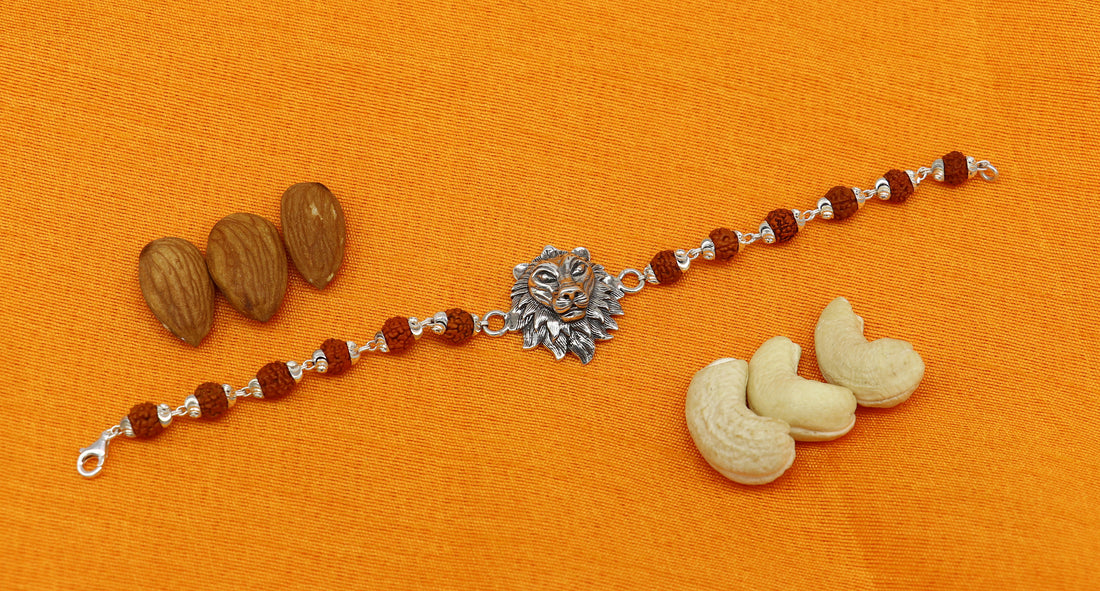 7.0" 925 Sterling silver customized rudraksha beaded lion Rakhi or bracelet. best gift for your brother's  for special Rakshabandhan rk05 - TRIBAL ORNAMENTS