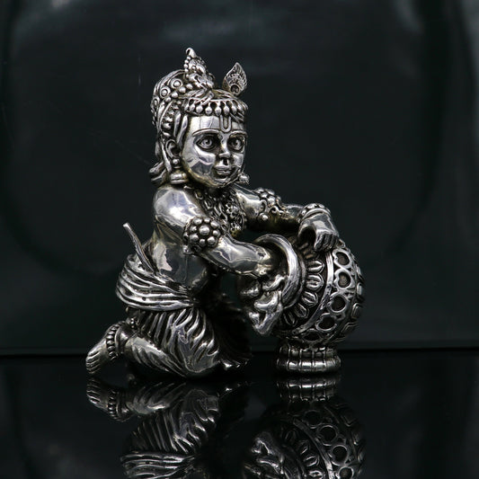 925 Sterling silver customized Idol Krishna Bal Gopal statue figurine, laddu gopal sculpture home temple utensil, silver article su208 - TRIBAL ORNAMENTS