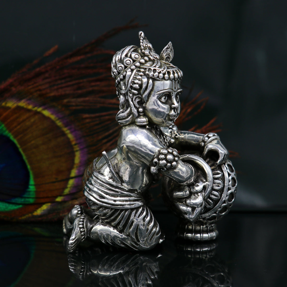 925 Sterling silver customized Idol Krishna Bal Gopal statue figurine, laddu gopal sculpture home temple utensil, silver article su208 - TRIBAL ORNAMENTS