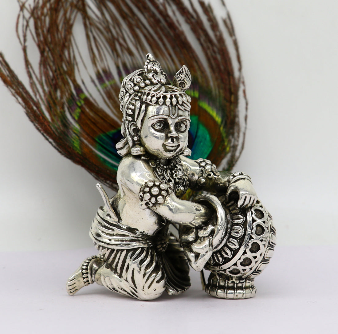 925 Sterling silver customized Idol Krishna Bal Gopal statue figurine, laddu gopal sculpture home temple utensil, silver article su208 - TRIBAL ORNAMENTS