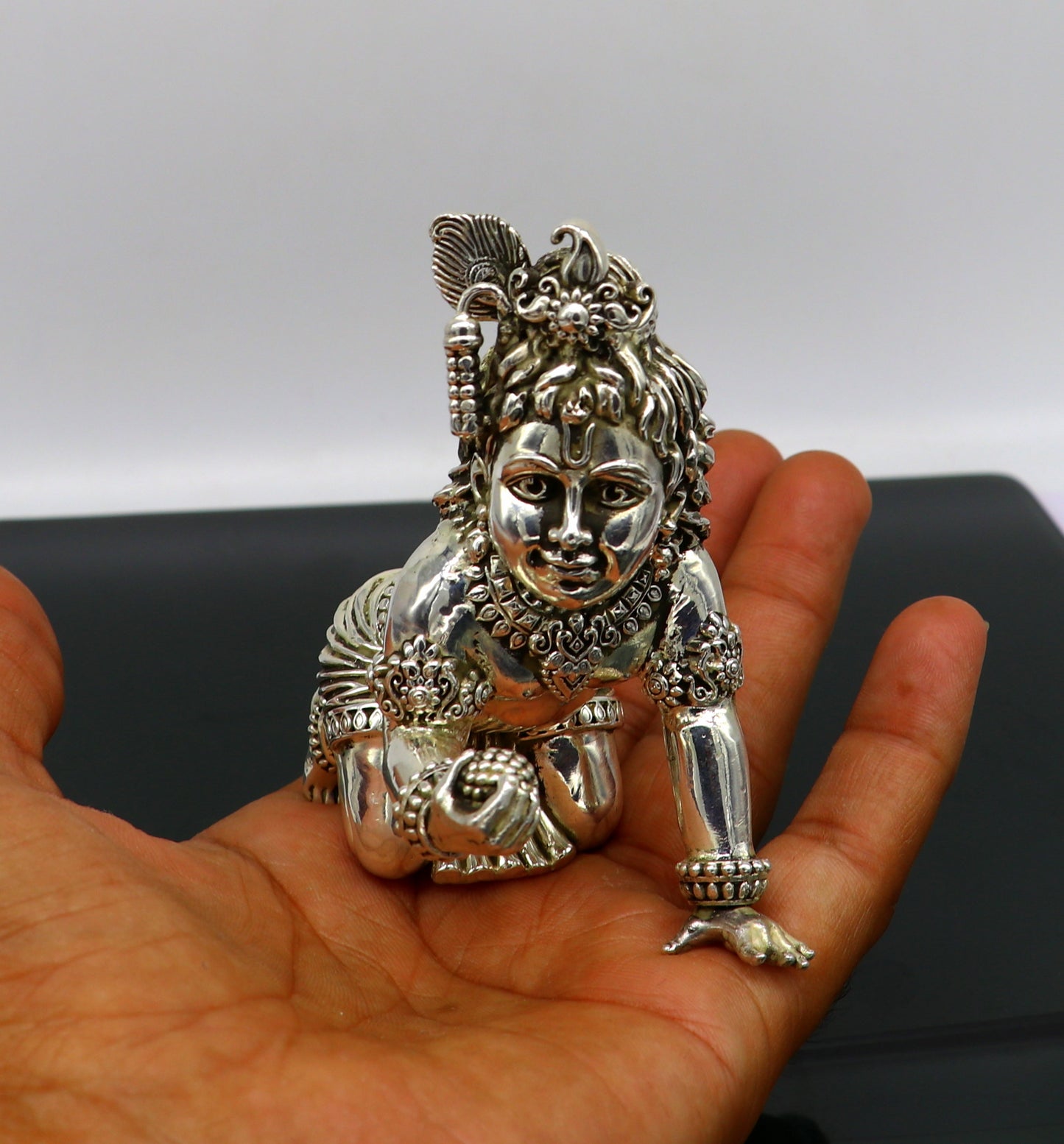 925 Sterling silver customized Idol Krishna Bal Gopal statue figurine, laddu gopal sculpture home temple utensil, silver article su209 - TRIBAL ORNAMENTS