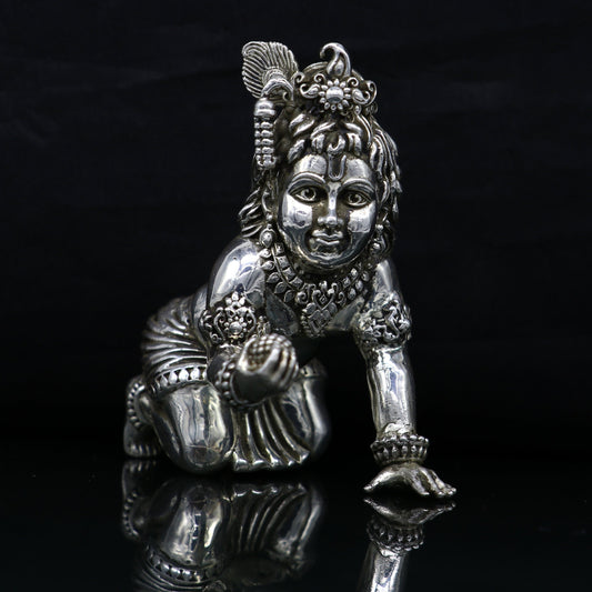 925 Sterling silver Idol Krishna Bal Gopal statue figurine, child krishna laddu gopal sculpture home temple utensil, silver article su211 - TRIBAL ORNAMENTS