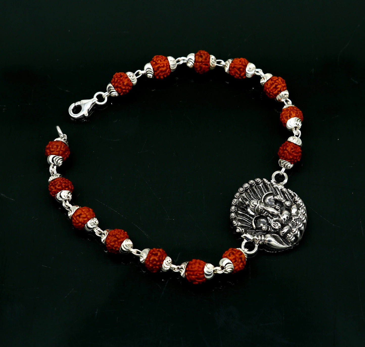 8" 925 Sterling silver customized rudraksha beaded Lord Ganesha Rakhi bracelet. best gift for your brother's of special Rakshabandhan rk07 - TRIBAL ORNAMENTS