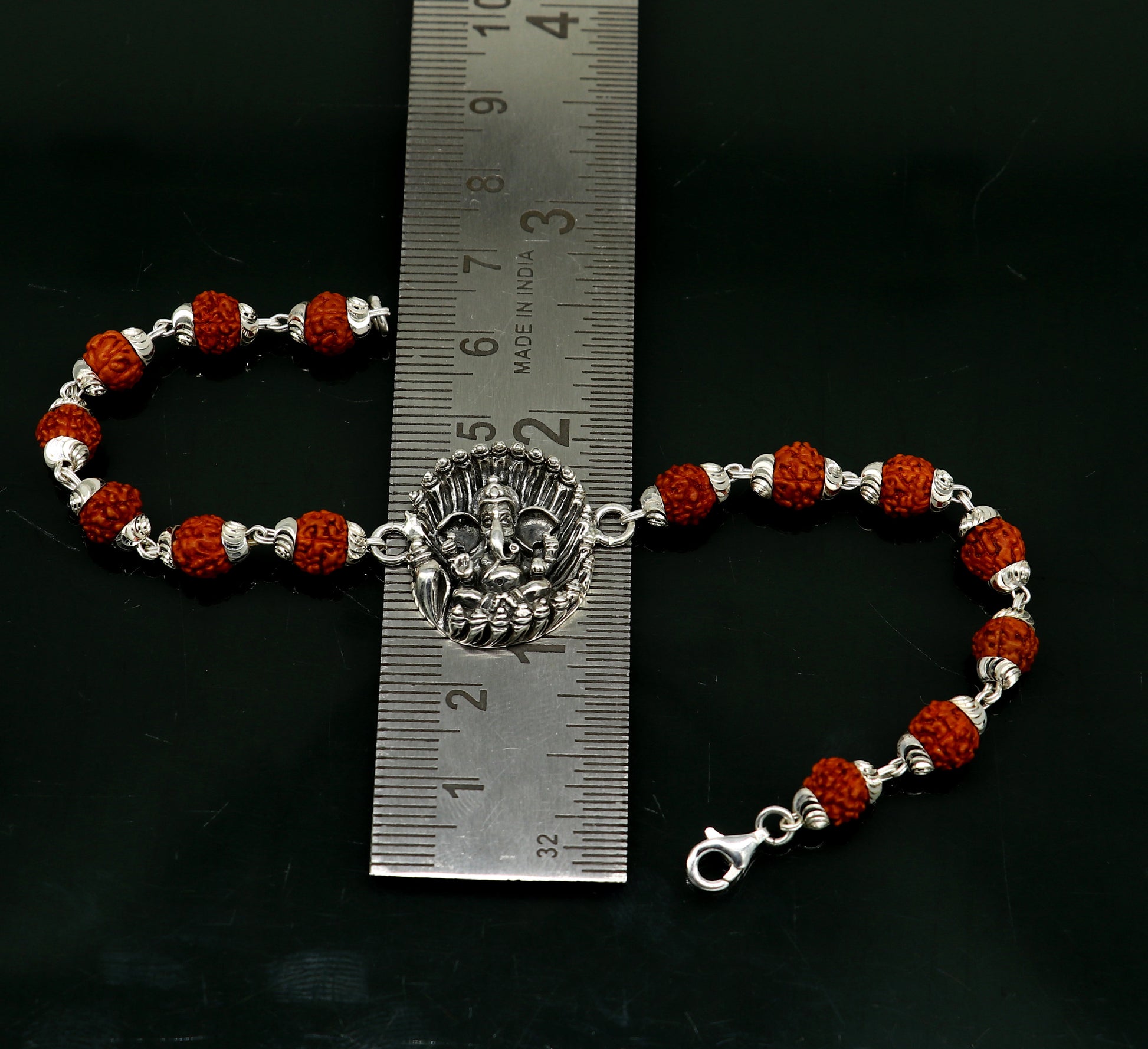 8" 925 Sterling silver customized rudraksha beaded Lord Ganesha Rakhi bracelet. best gift for your brother's of special Rakshabandhan rk07 - TRIBAL ORNAMENTS