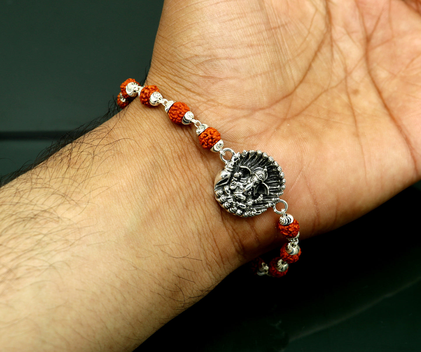 8" 925 Sterling silver customized rudraksha beaded Lord Ganesha Rakhi bracelet. best gift for your brother's of special Rakshabandhan rk07 - TRIBAL ORNAMENTS