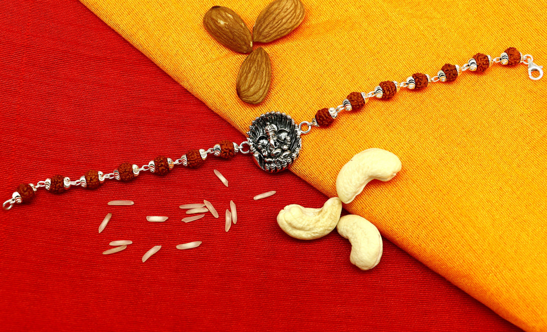 8" 925 Sterling silver customized rudraksha beaded Lord Ganesha Rakhi bracelet. best gift for your brother's of special Rakshabandhan rk07 - TRIBAL ORNAMENTS