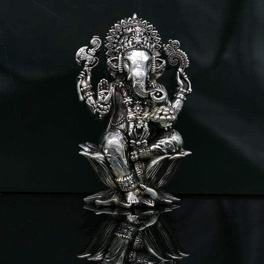 925 Sterling silver Lord Ganesh Idol, Pooja Articles, Silver Idols Figurine, handcrafted Lord Ganesh statue sculpture gifting art su212 - TRIBAL ORNAMENTS