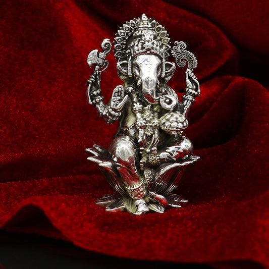 925 Sterling silver Lord Ganesh Idol, Pooja Articles, Silver Idols Figurine, handcrafted Lord Ganesh statue sculpture gifting art su213 - TRIBAL ORNAMENTS