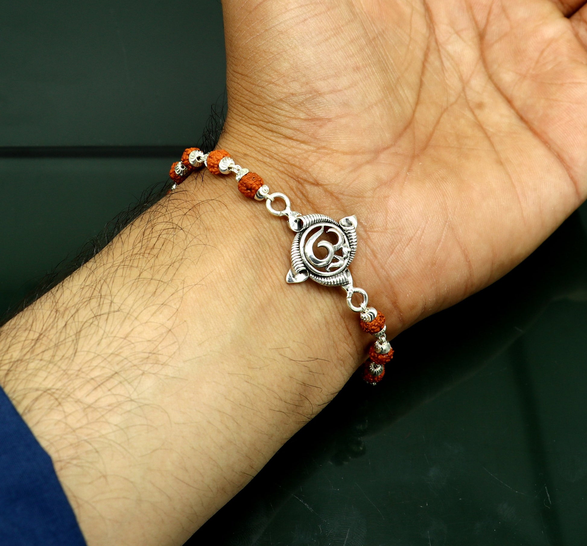 925 sterling silver custom Aum design rudraksha Rakhi Bracelet, special personalized gift for your brother  rk009 - TRIBAL ORNAMENTS