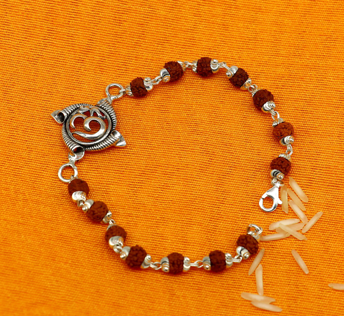 925 sterling silver custom Aum design rudraksha Rakhi Bracelet, special personalized gift for your brother  rk009 - TRIBAL ORNAMENTS