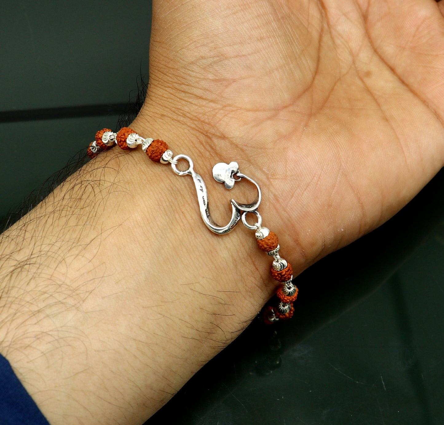 7.5 inches long handmade solid 925 sterling silver custom Aum design rudraksha Rakhi Bracelet, special personalized Rakshabandhan gift rk11 - TRIBAL ORNAMENTS