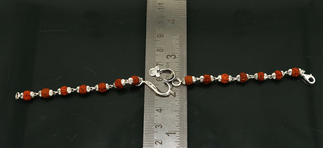 7.5 inches long handmade solid 925 sterling silver custom Aum design rudraksha Rakhi Bracelet, special personalized Rakshabandhan gift rk11 - TRIBAL ORNAMENTS