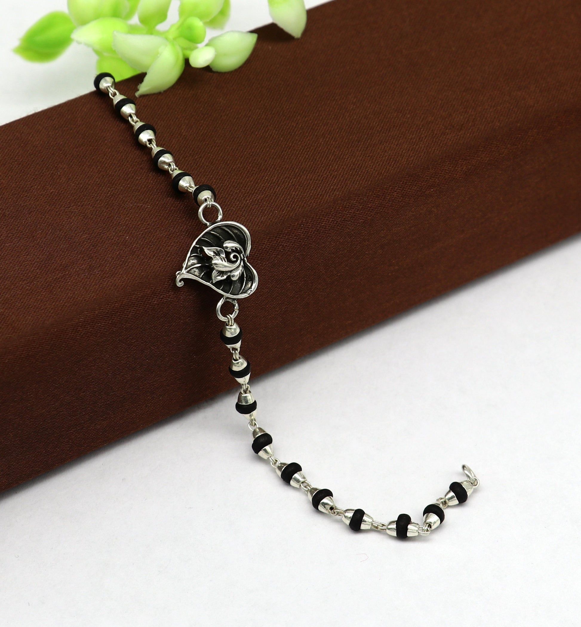 Pure 925 sterling silver Ganesha design tulsi beaded Rakhi Bracelet, special personalized Rakshabandhan gift for brother rk013 - TRIBAL ORNAMENTS