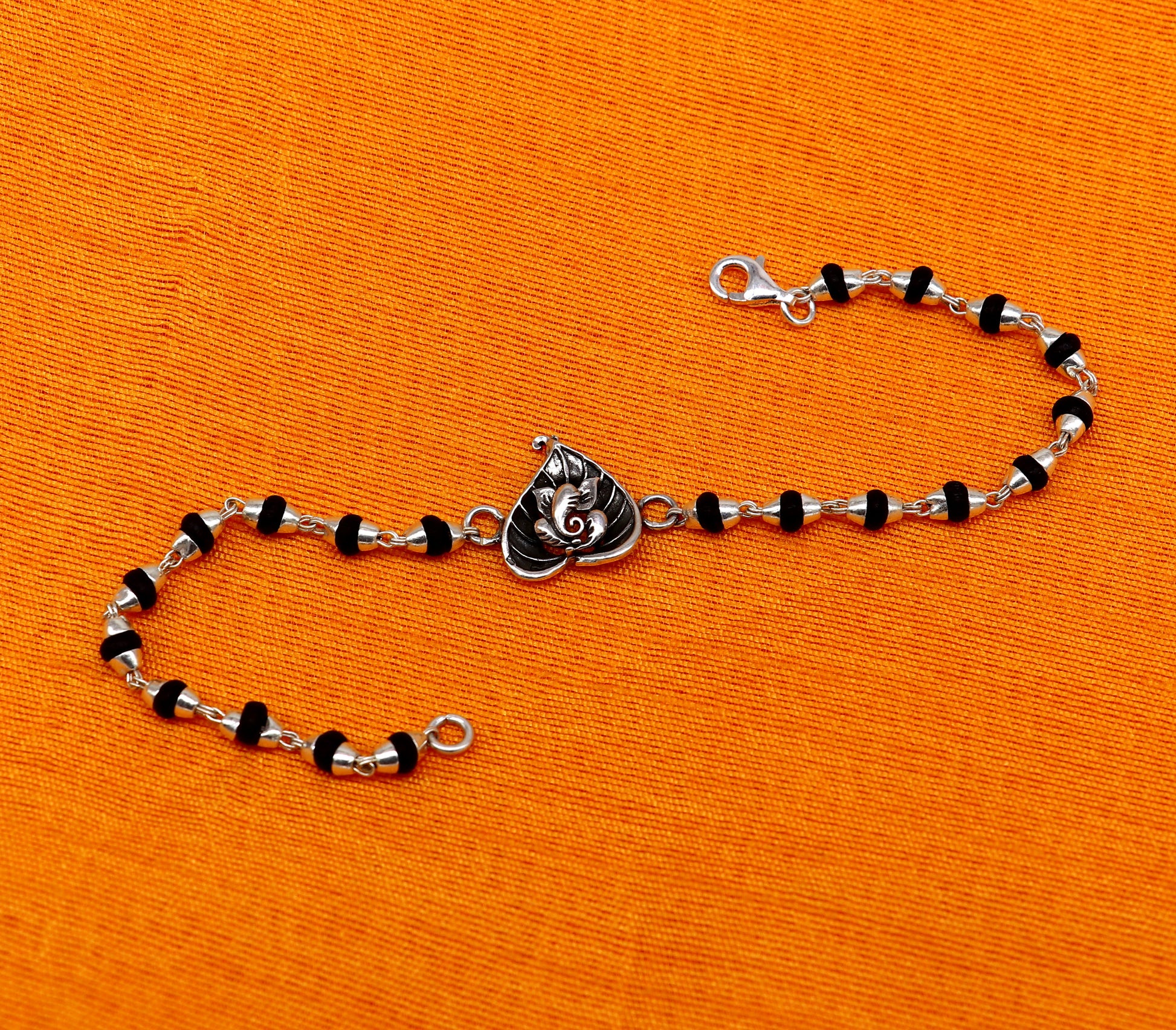 8 inches long handmade solid 925 sterling silver Ganesha design tulsi beaded Rakhi Bracelet, special personalized Rakshabandhan gift rk13 - TRIBAL ORNAMENTS