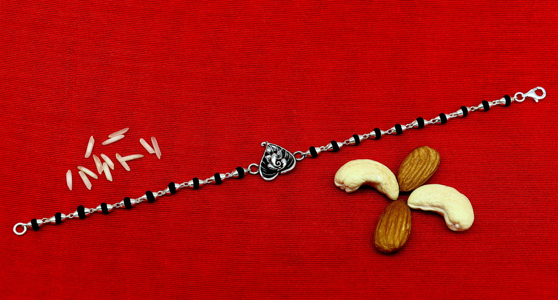 Pure 925 sterling silver Ganesha design tulsi beaded Rakhi Bracelet, special personalized Rakshabandhan gift for brother rk013 - TRIBAL ORNAMENTS