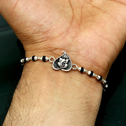 Pure 925 sterling silver Ganesha design tulsi beaded Rakhi Bracelet, special personalized Rakshabandhan gift for brother rk013 - TRIBAL ORNAMENTS