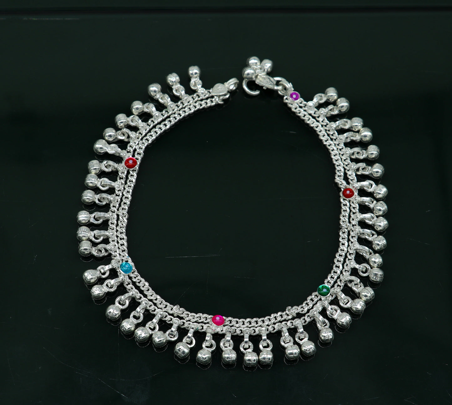 10.5" long handmade sterling silver gorgeous ankle bracelet, wonderful noisy hanging bells charm anklets girls women's belly dance ank338 - TRIBAL ORNAMENTS
