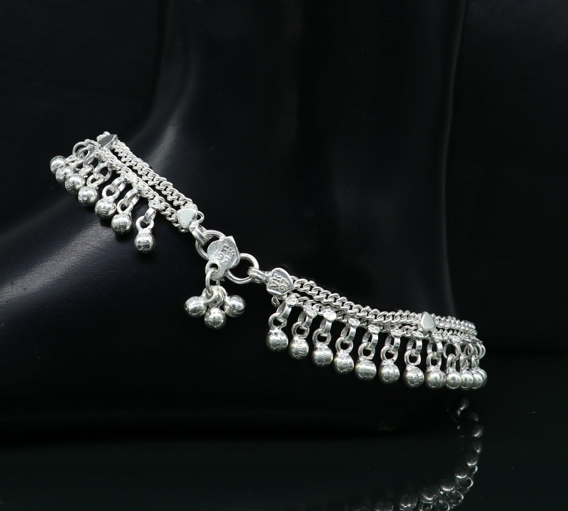 10.5" long handmade sterling silver gorgeous anklet bracelet, wonderful noisy hanging bells charm anklets girls women's belly dance ank339 - TRIBAL ORNAMENTS