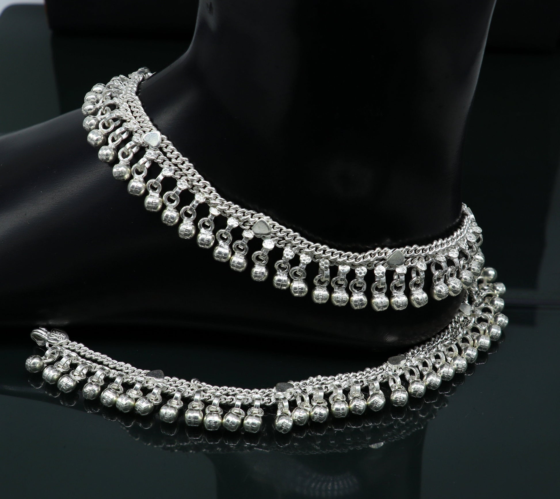 10.5" long handmade sterling silver gorgeous anklet bracelet, wonderful noisy hanging bells charm anklets girls women's belly dance ank339 - TRIBAL ORNAMENTS