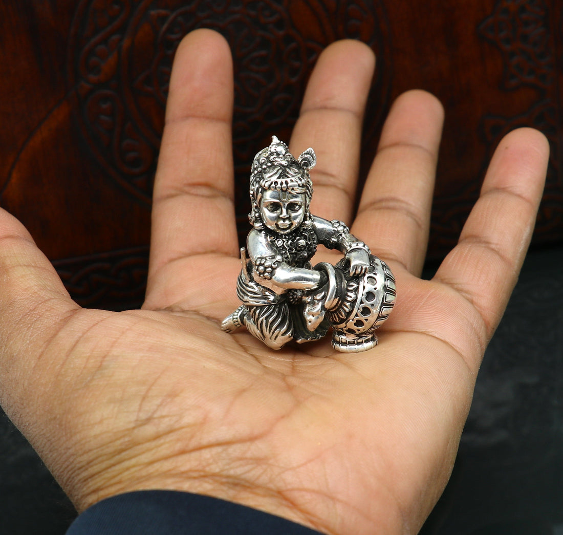 925 Sterling silver customized Idol Krishna Bal Gopal statue figurine, laddu gopal sculpture home temple utensil, silver article su225 - TRIBAL ORNAMENTS