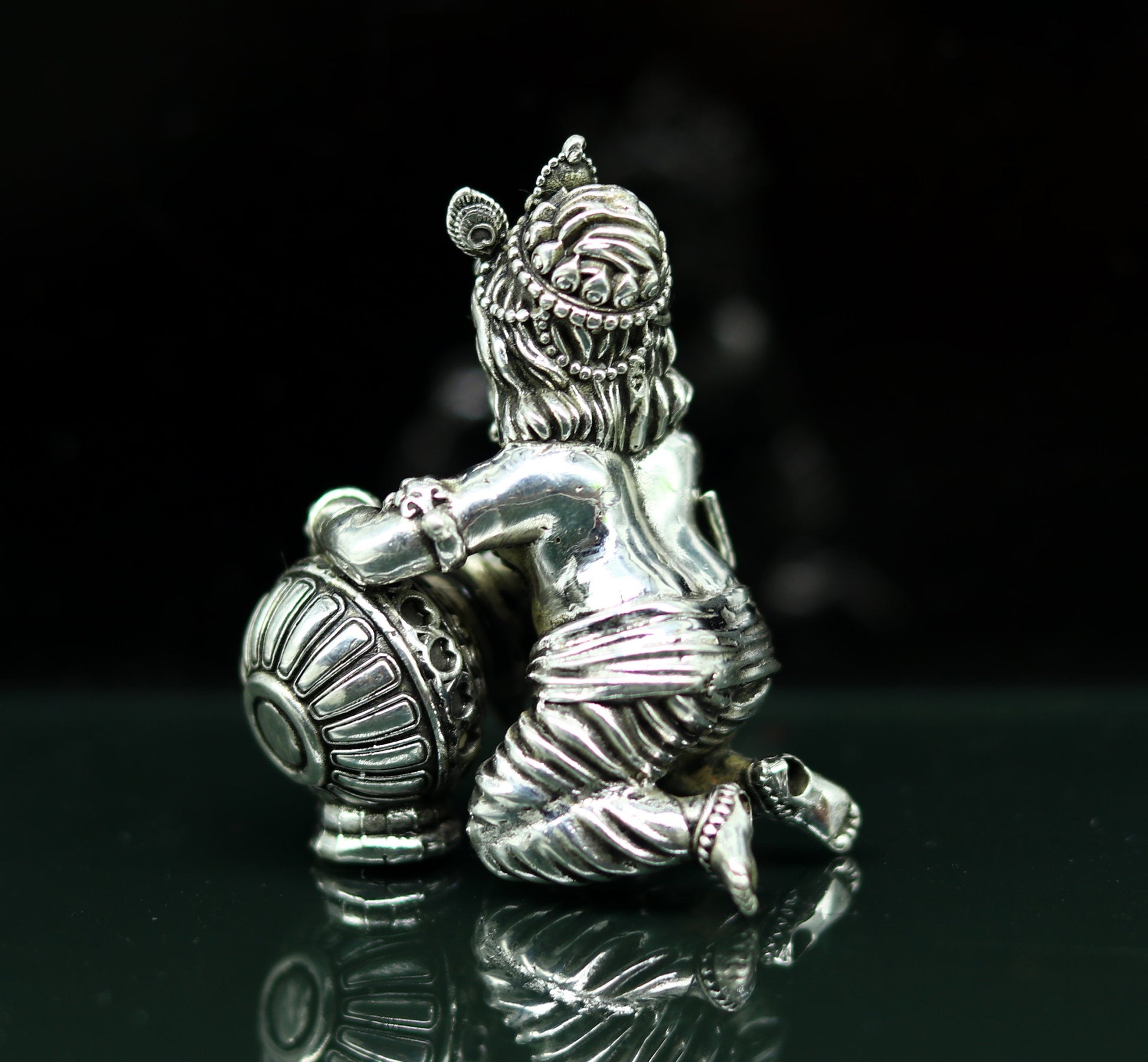 925 Sterling silver customized Idol Krishna Bal Gopal statue figurine, Makkhan Gopal sculpture home temple utensil, silver article su226 - TRIBAL ORNAMENTS