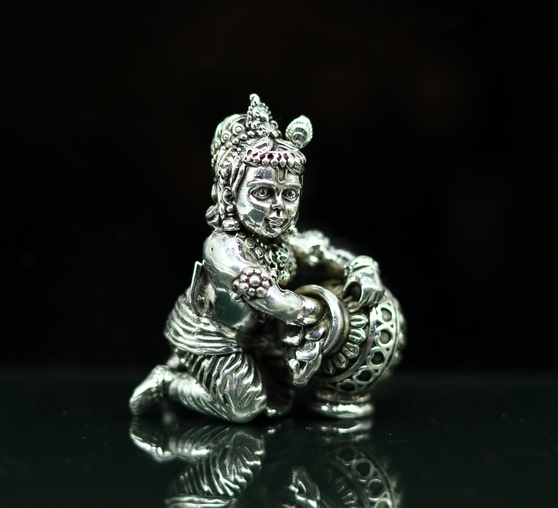 925 Sterling silver customized Idol Krishna Bal Gopal statue figurine, Makkhan Gopal sculpture home temple utensil, silver article su227 - TRIBAL ORNAMENTS