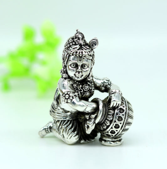 925 Sterling silver customized Idol Krishna Bal Gopal statue figurine, Makkhan Gopal sculpture home temple utensil, silver article su226 - TRIBAL ORNAMENTS