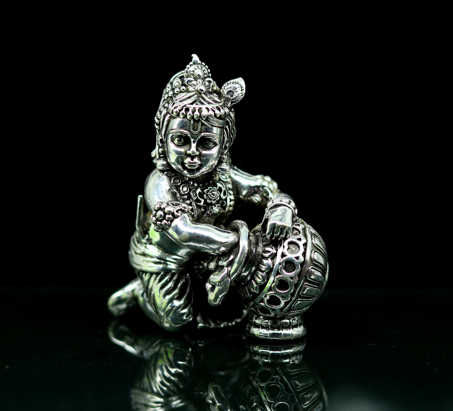 925 Sterling silver customized Idol Krishna Bal Gopal statue figurine, Makkhan Gopal sculpture home temple utensil, silver article su227 - TRIBAL ORNAMENTS