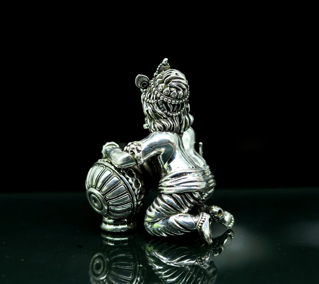 925 Sterling silver customized Idol Krishna Bal Gopal statue figurine, Makkhan Gopal sculpture home temple utensil, silver article su227 - TRIBAL ORNAMENTS