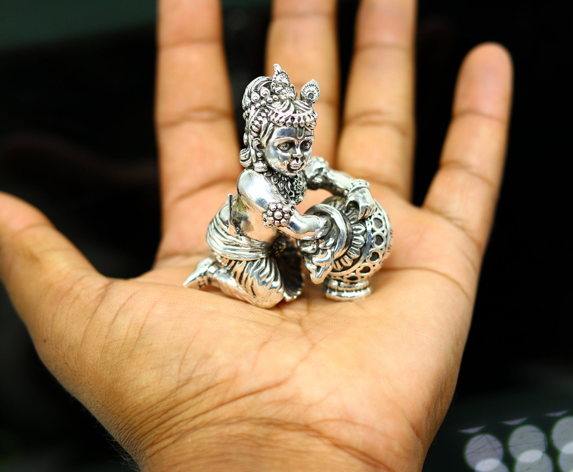 925 Sterling silver customized Idol Krishna Bal Gopal statue figurine, Makkhan Gopal sculpture home temple utensil, silver article su227 - TRIBAL ORNAMENTS