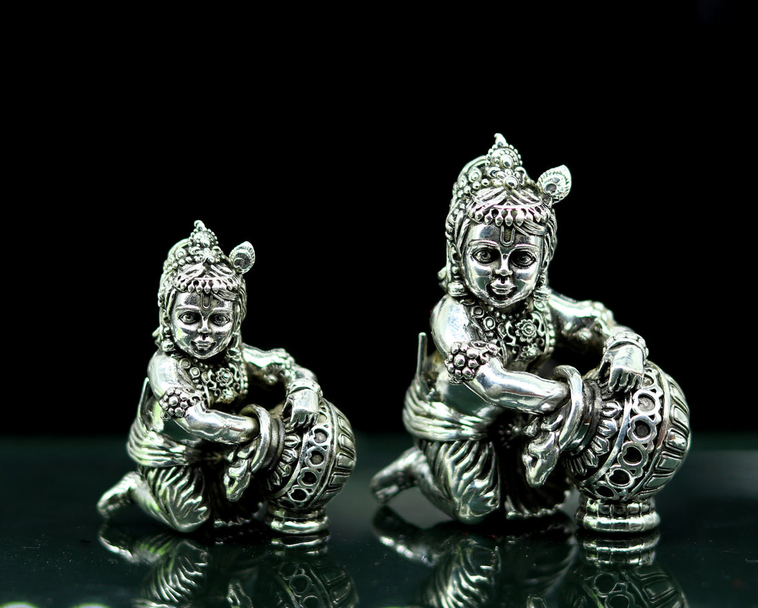 925 Sterling silver customized Idol Krishna Bal Gopal statue figurine, Makkhan Gopal sculpture home temple utensil, silver article su228 - TRIBAL ORNAMENTS