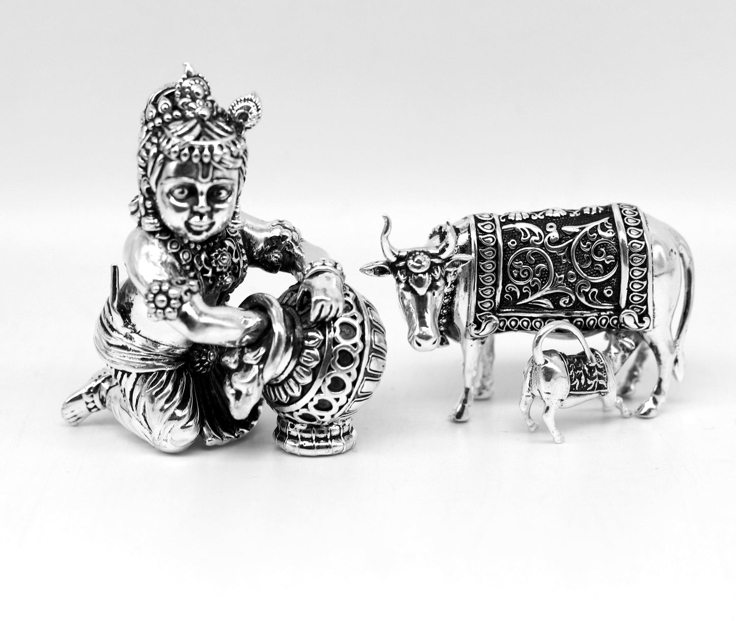 925 Sterling silver handmade Idol Krishna Bal Gopal statue figurine, Makkhan Gopal sculpture with Kamdhenu cow, silver puja article su229 - TRIBAL ORNAMENTS