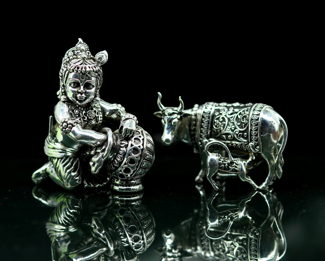925 Sterling silver handmade Idol Krishna Bal Gopal statue figurine, Makkhan Gopal sculpture with Kamdhenu cow, silver puja article su229 - TRIBAL ORNAMENTS