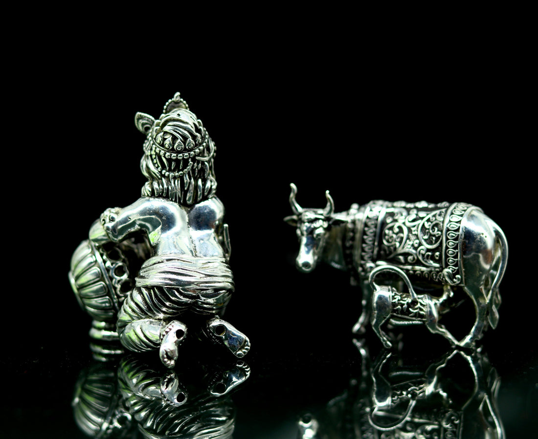 925 Sterling silver handmade Idol Krishna Bal Gopal statue figurine, Makkhan Gopal sculpture with Kamdhenu cow, silver puja article su229 - TRIBAL ORNAMENTS