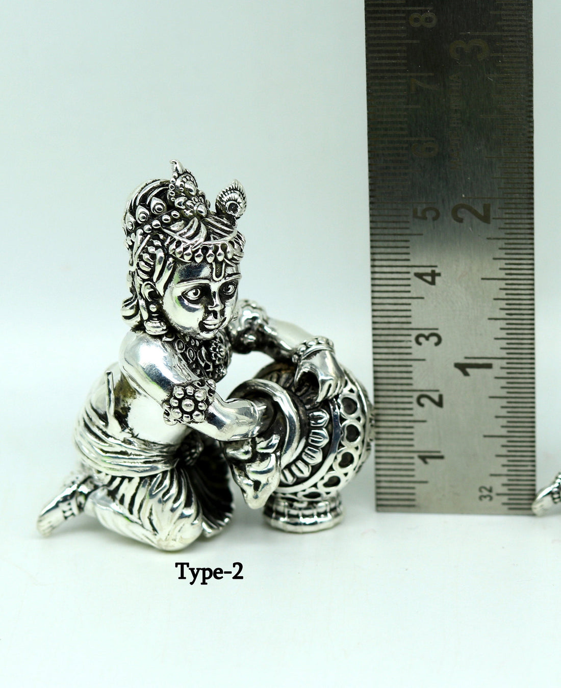 925 Sterling silver handmade Idol Krishna Bal Gopal statue figurine, Makkhan Gopal sculpture with Kamdhenu cow, silver puja article su229 - TRIBAL ORNAMENTS