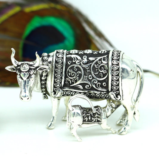 925 Sterling silver handmade vintage antique unique design Kamdhenu cow with calf, Diwali puja silver article best corporate gifting  art230 - TRIBAL ORNAMENTS